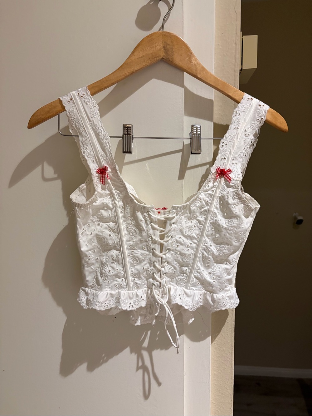 For Love And Lemons White Eyelet Lace Corset Tank with Red Bow